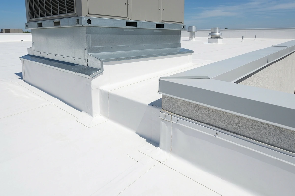 Multi-tier commercial HVAC curb flashings and parapet wall detail on a Fresno roof