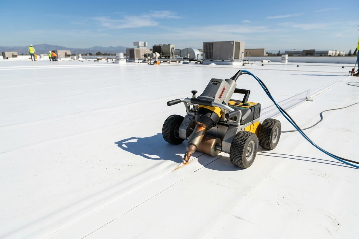 Robotic hot-air welding of a reflective white TPO commercial roof membrane in Fresno